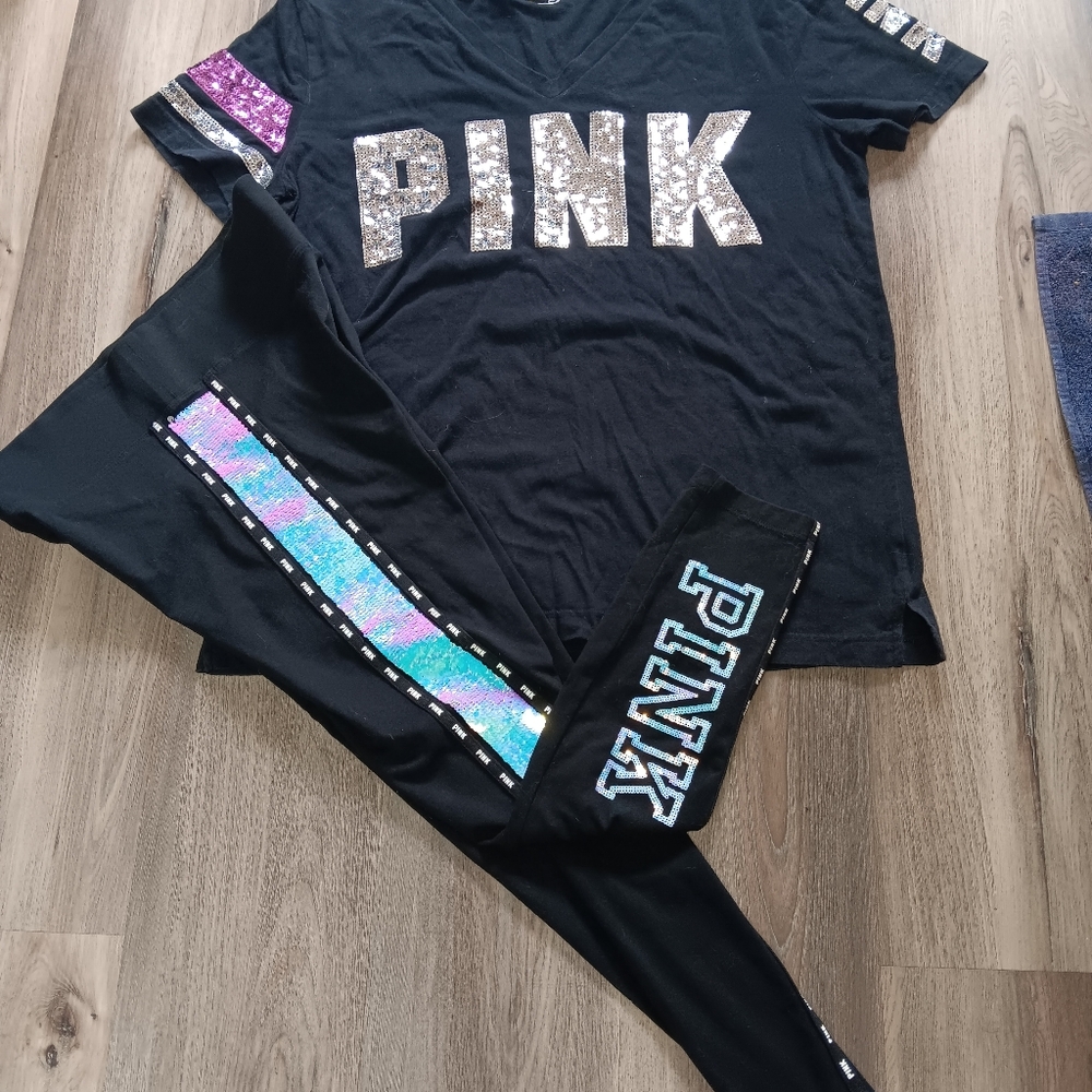 PINK Victoria’s Secret Flip Sequin/Bling M Yoga Leggings & L Bling/Sequin Tshirt